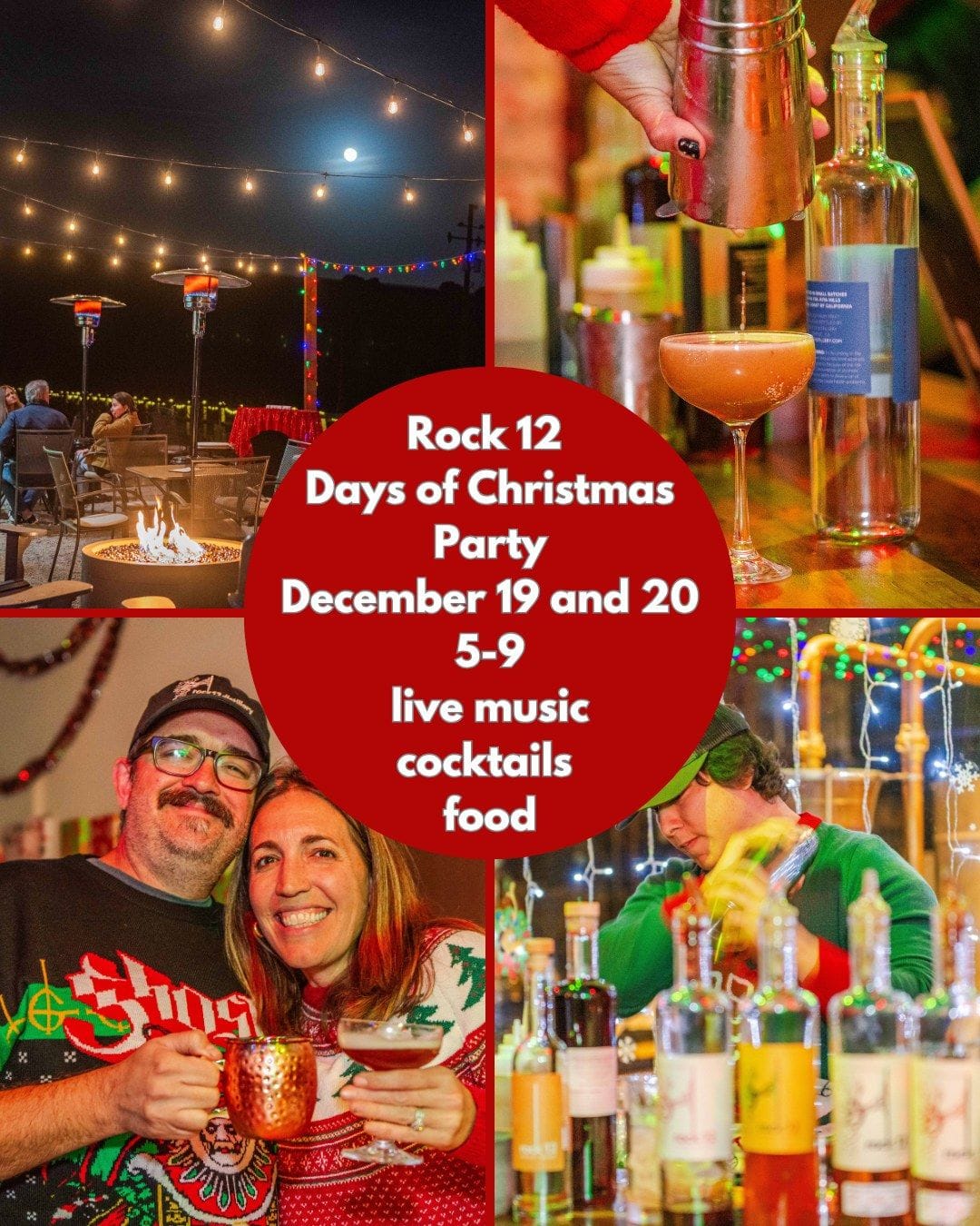 Rock 12 Days of Christmas Party poster for December 19-20, 5-9, with live music, cocktails and food at the distillery.