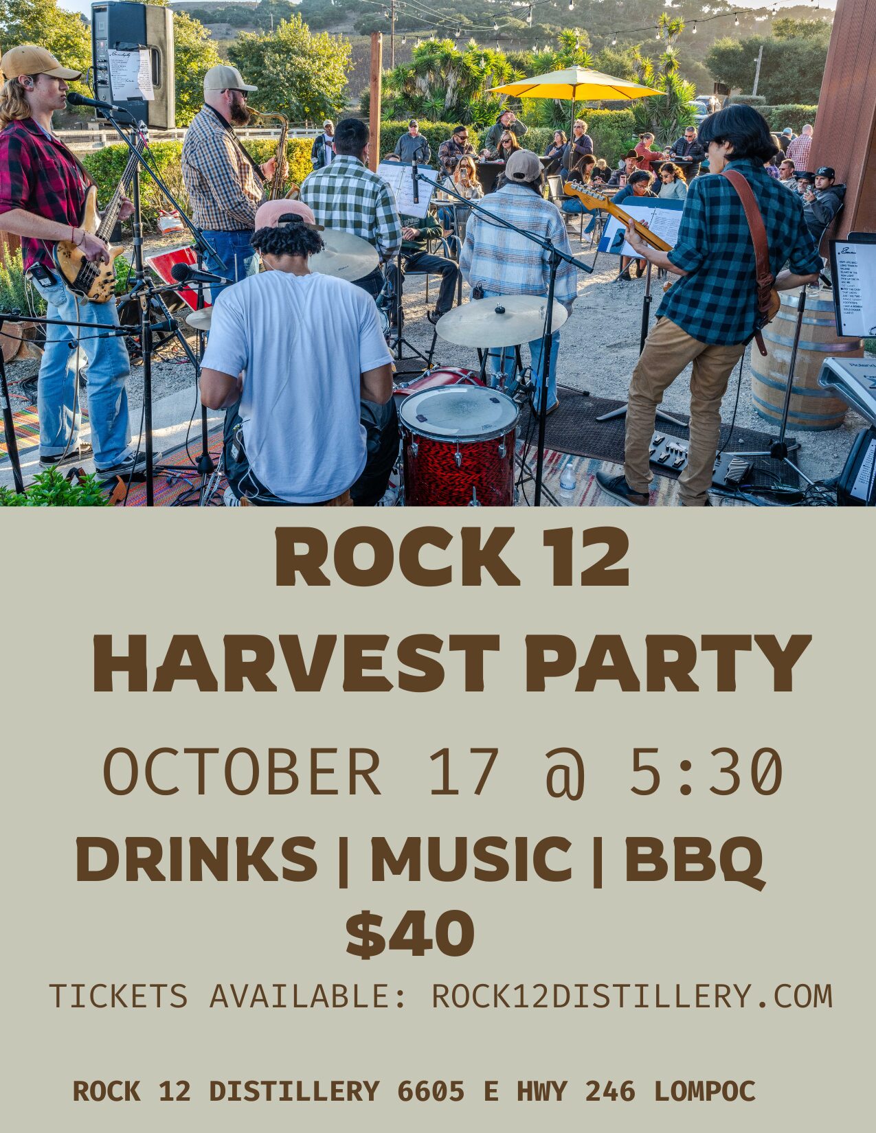 Rock 12 Harvest Party 2026 poster for the October 17 evening event with drinks, music, and barbecue at the Lompoc distillery.